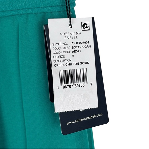 ADRIANNA PAPELL BOTANIC GREEN OFF THE SHOULDER CREPE CHIFFON EVENING GOWN DRESS - Picture 11 of 12